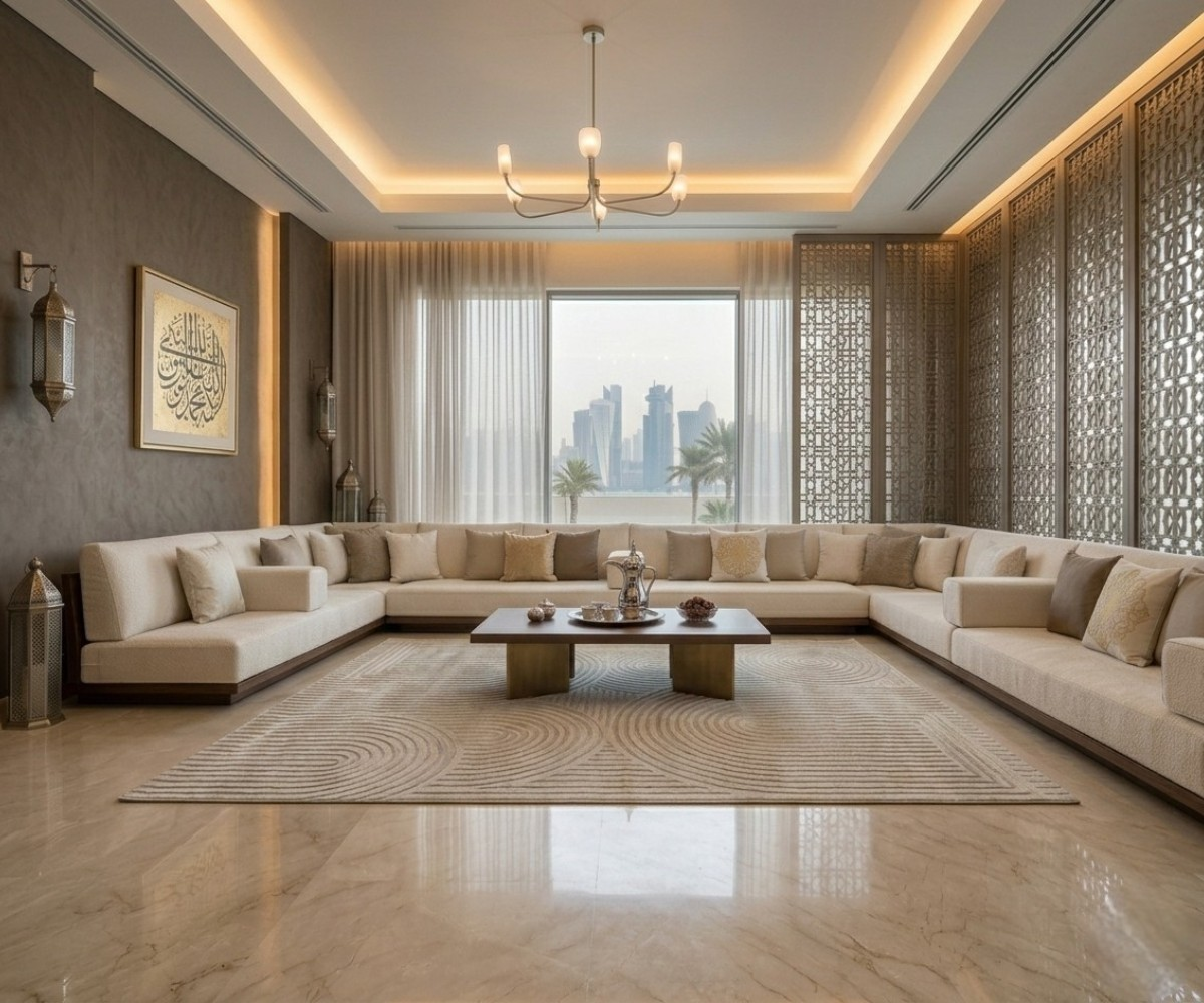 ARCADIA beige geometric curved rug, 150x220 cm, in a city-view majlis
