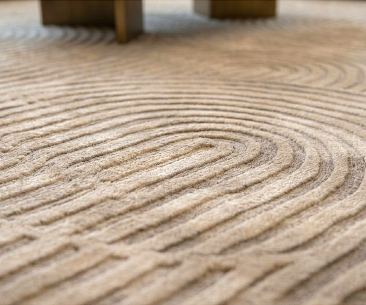 ARCADIA beige geometric curved rug, 150x220 cm, in a city-view majlis