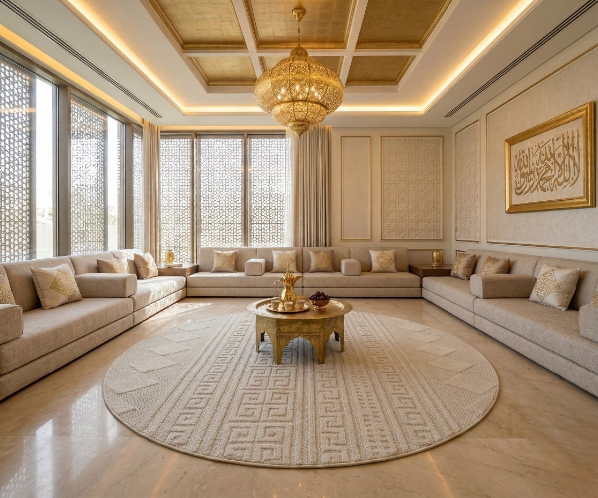 ARTEMIS ivory meander round rug, 200x200 cm, in a gold-panelled majlis