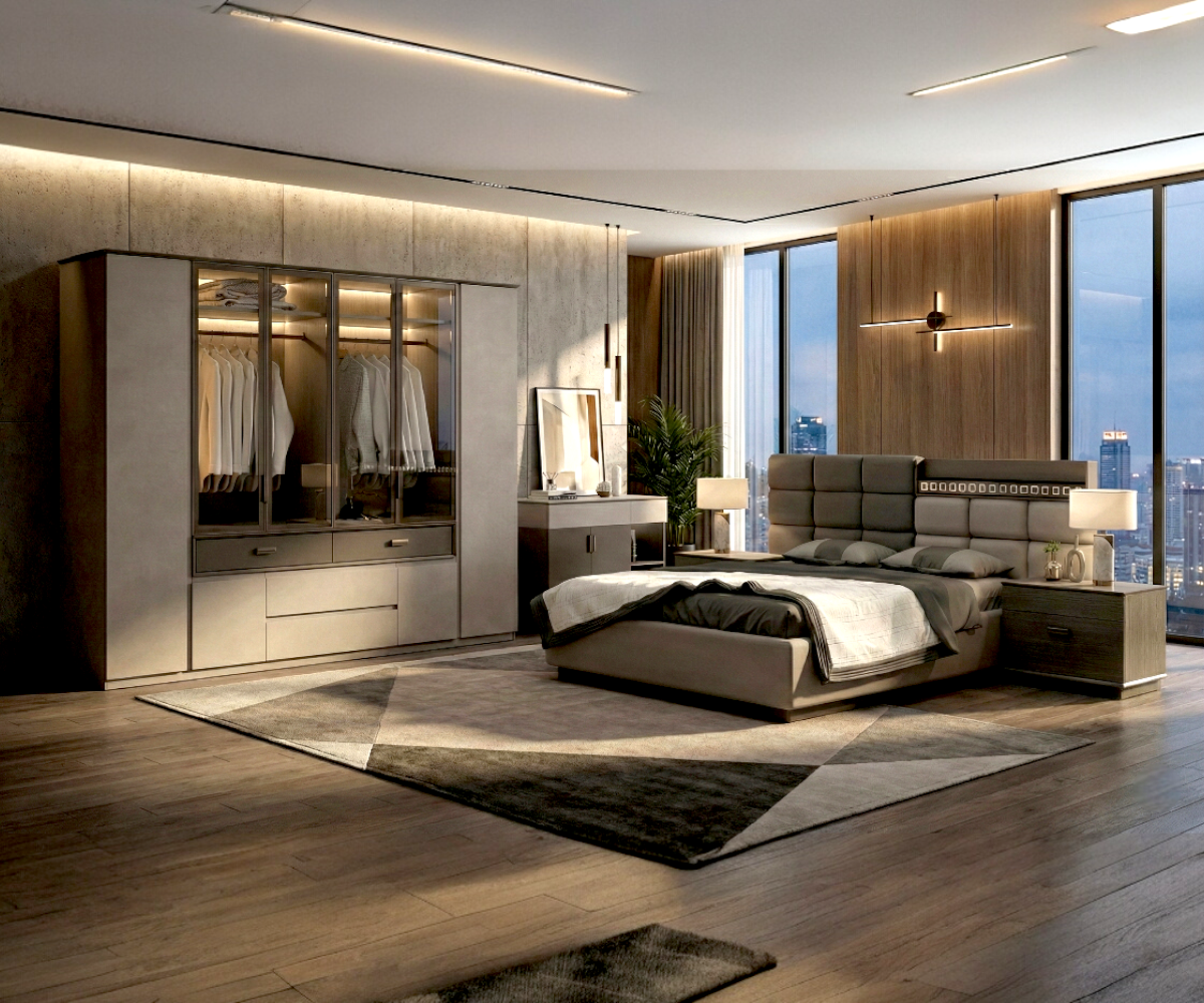 Asia minimalist wooden bedroom set staged in a city-view penthouse room