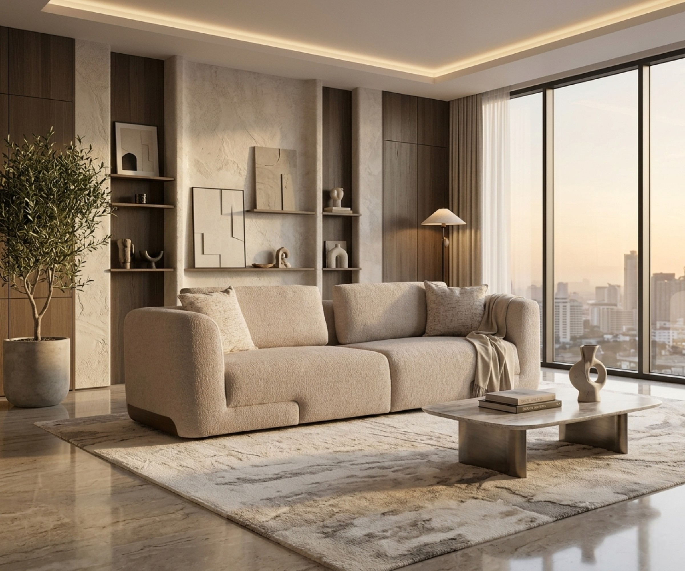 Aura cream boucle 3-seater in a warm living room with a sunset view