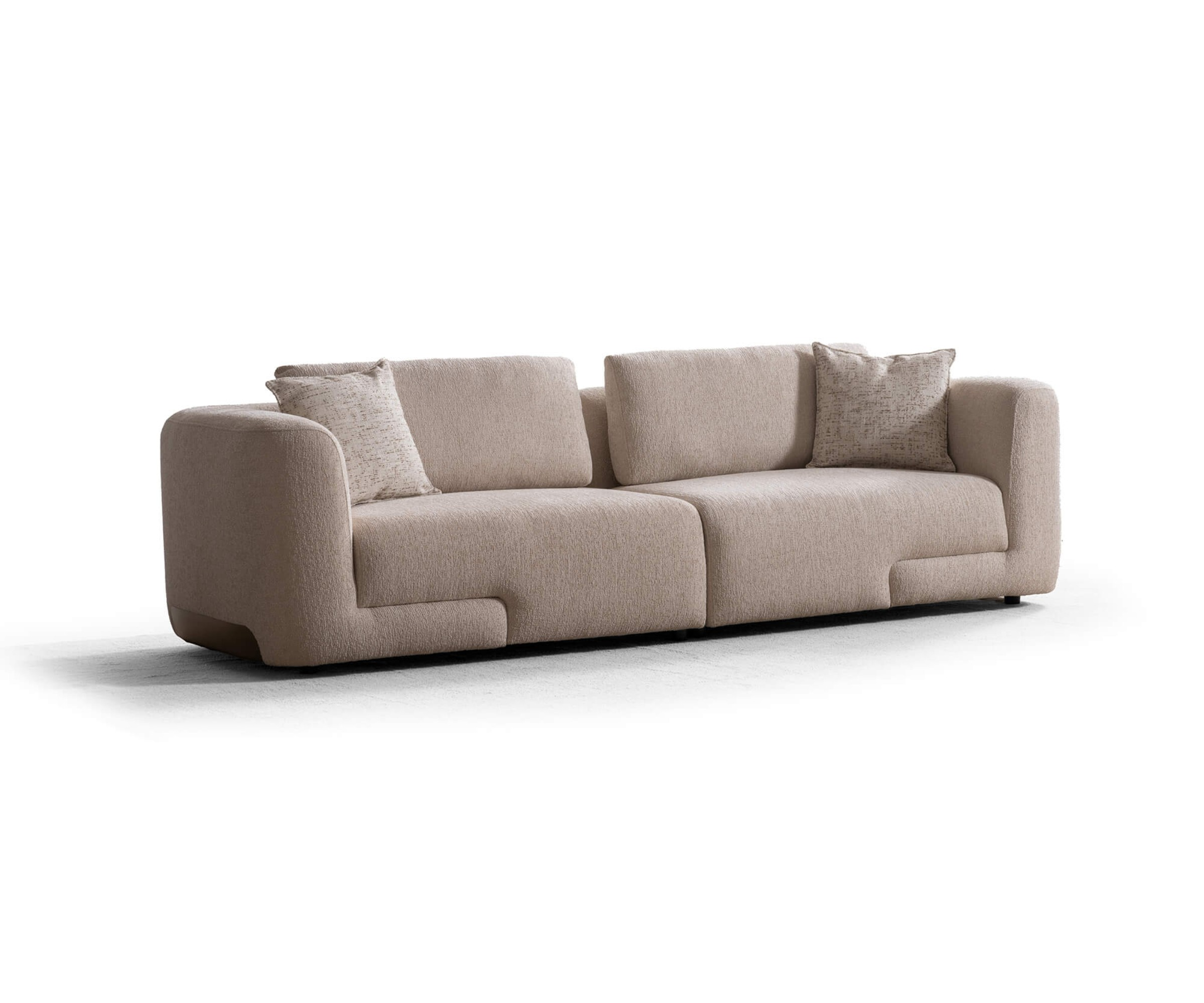 Aura cream boucle 3-seater in a warm living room with a sunset view