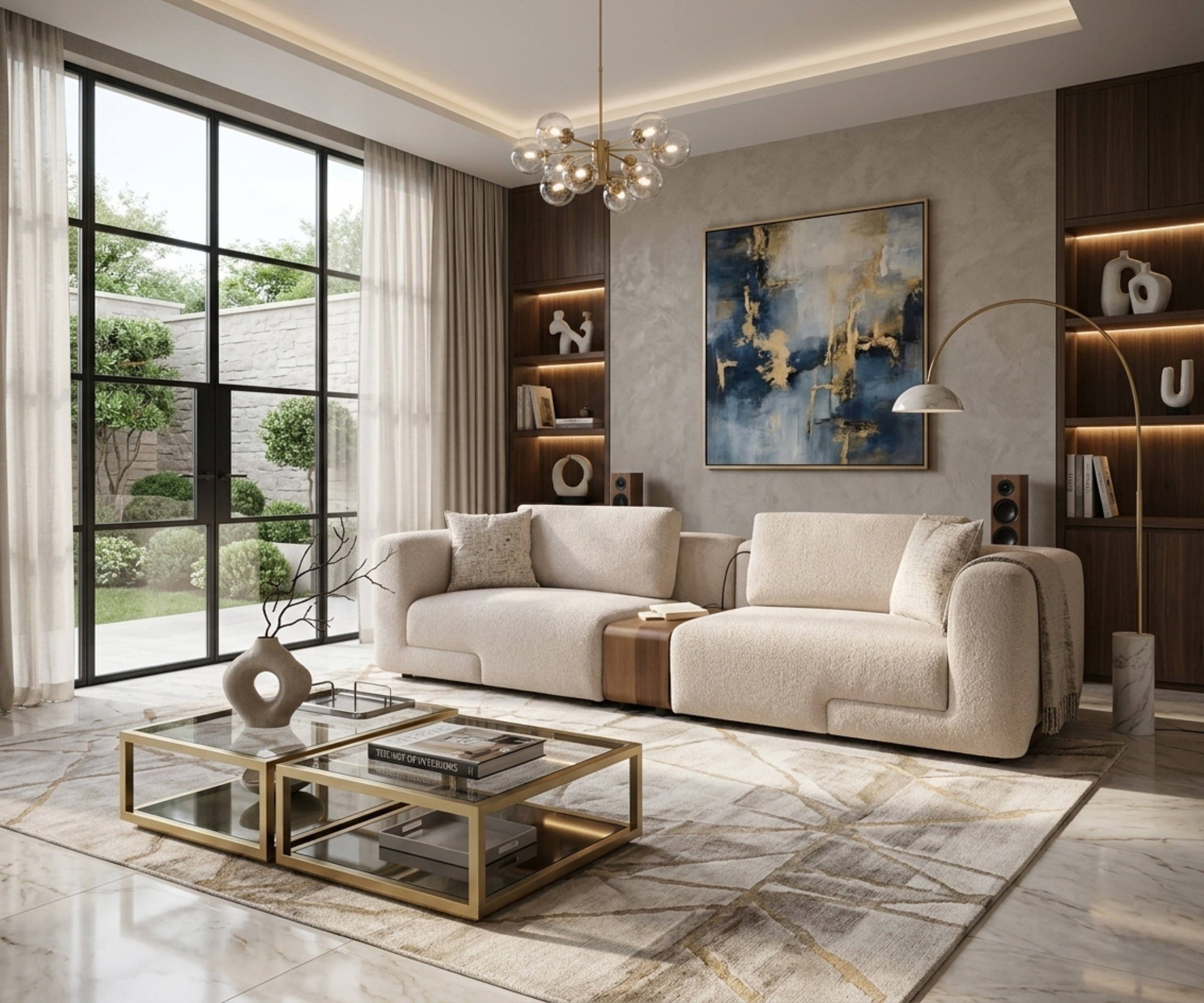 Aura cream boucle 4-seater in a bright living room with a garden view