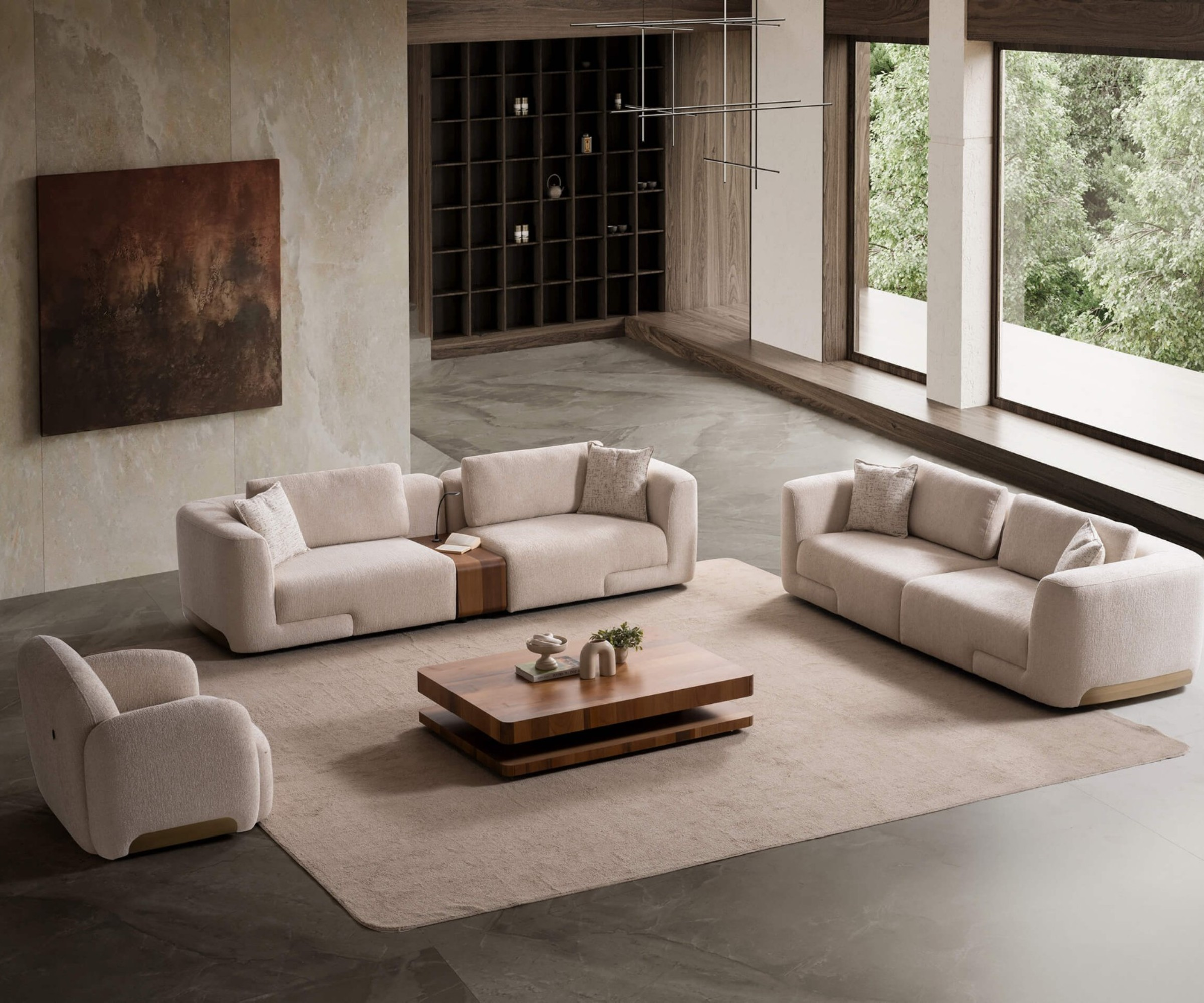 Aura cream boucle sofa set in a concrete-floored room with a garden view
