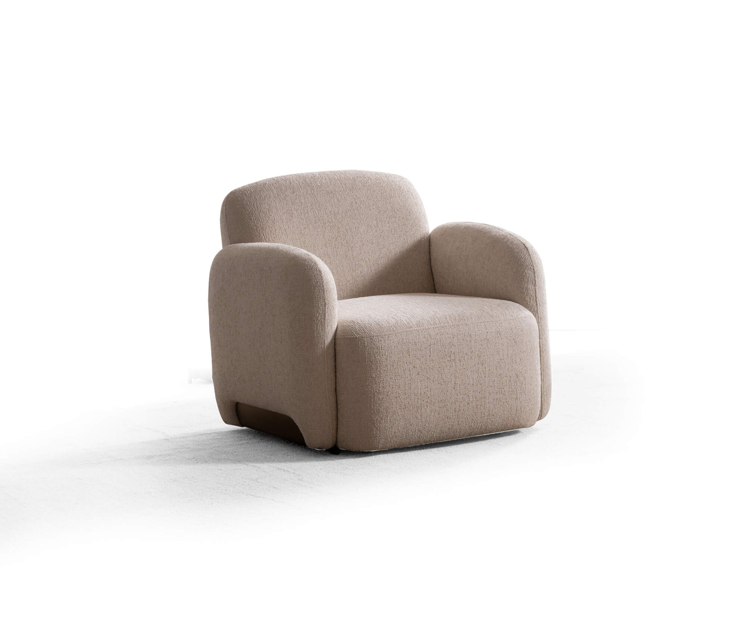 Aura cream boucle sofa set in a concrete-floored room with a garden view