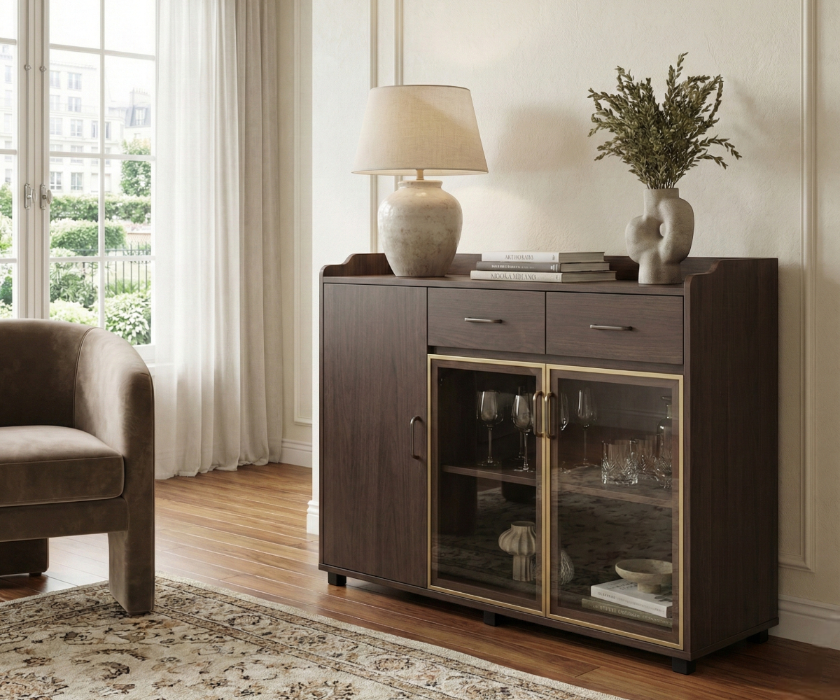 Aurel Walnut Glass Sideboard