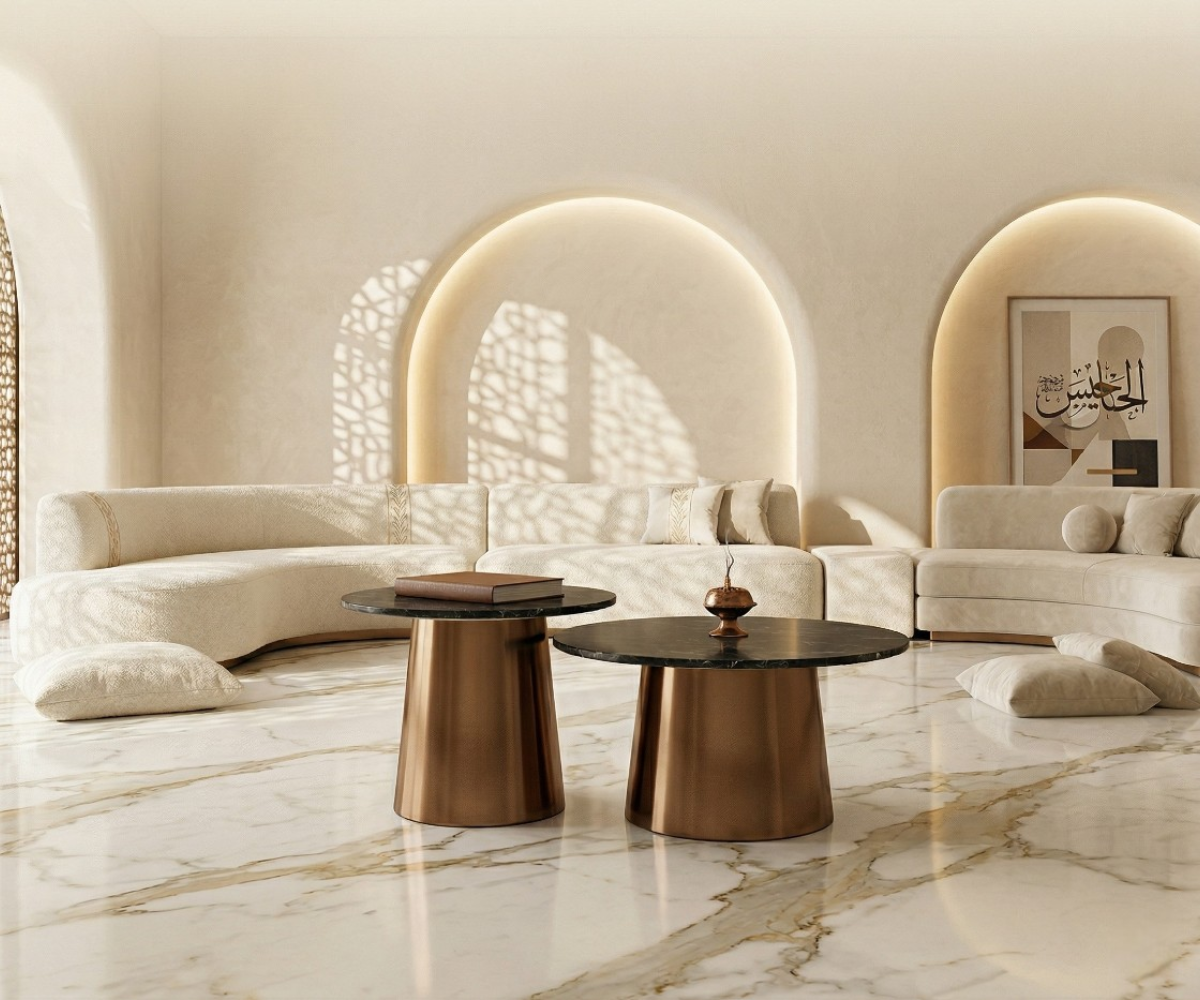 Aurelia 805 wood nesting set in an arched marble-floored living room
