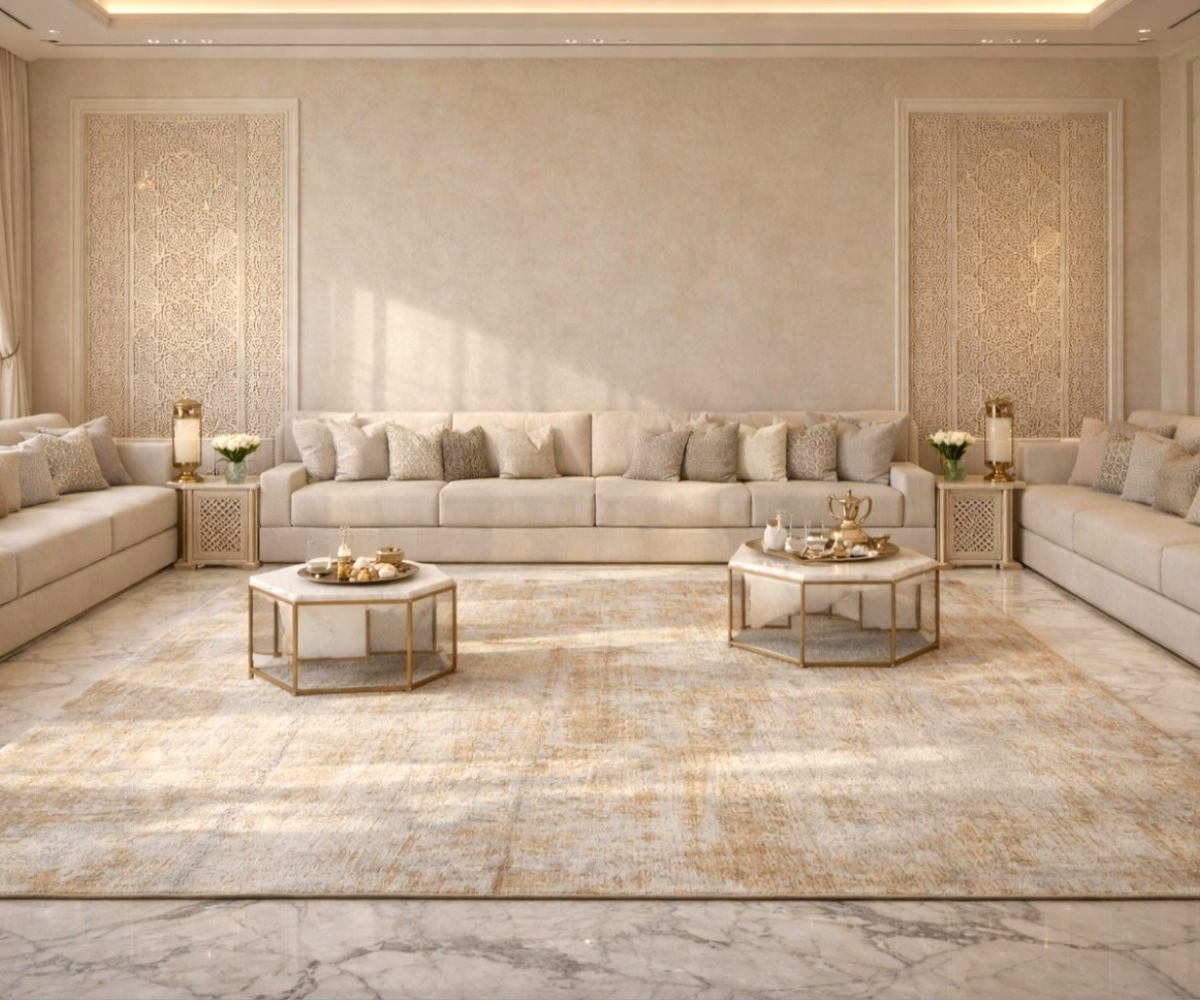 AURELIAN cream abstract rug, 150x220 cm, in a cream majlis with gold tables