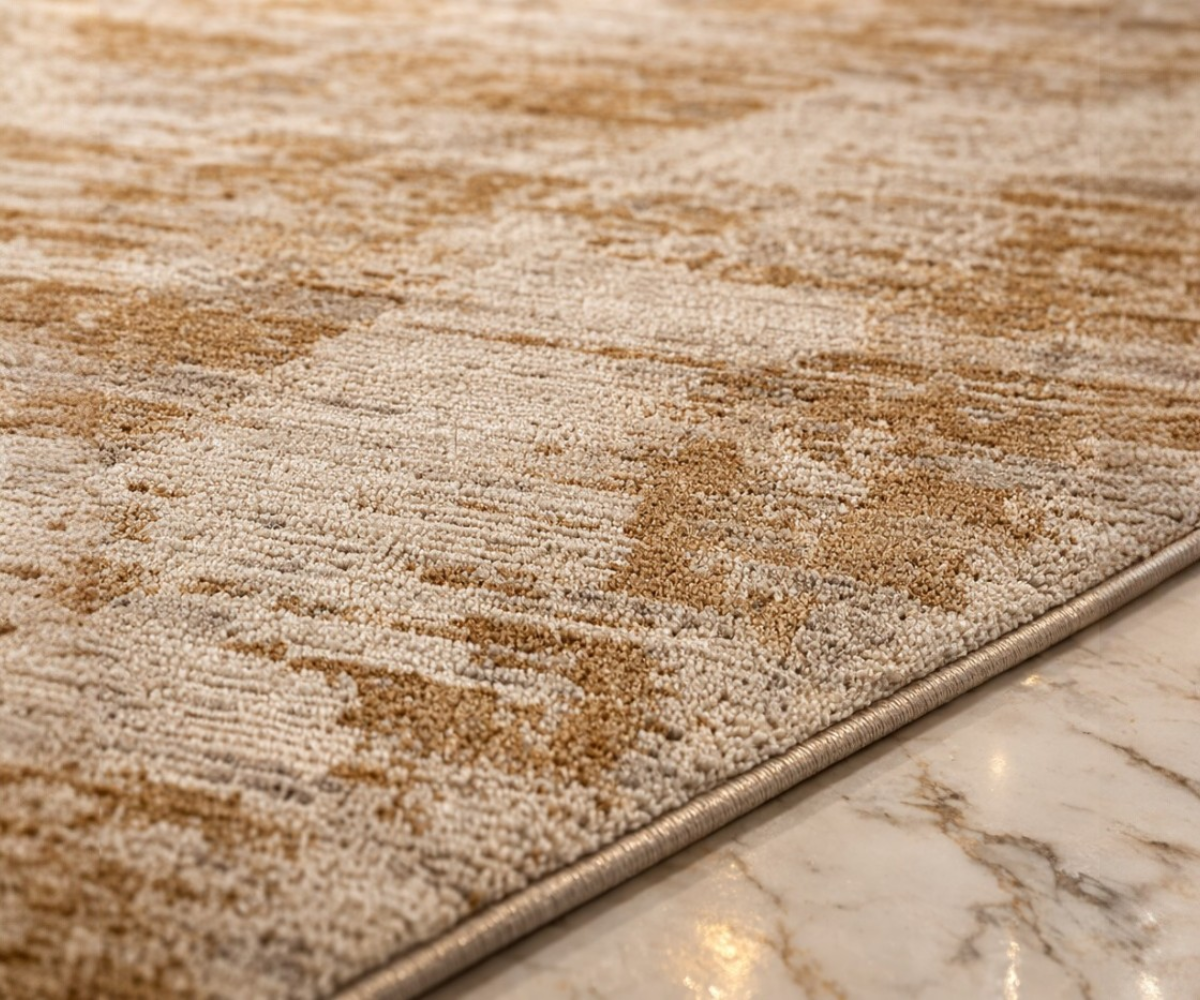 AURELIAN cream abstract rug, 150x220 cm, in a cream majlis with gold tables