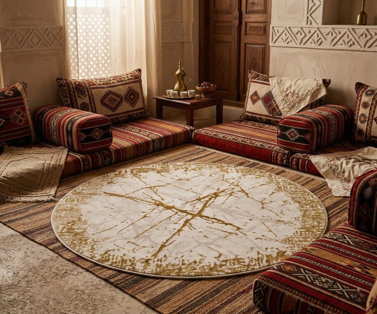 AURELIAN marble round rug, 150x150 cm, in a traditional majlis with floor cushions