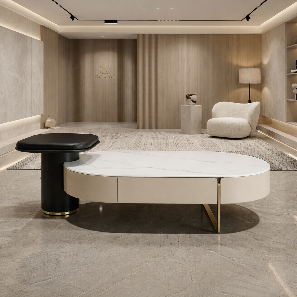 Aurelius 5315# marble storage table in a wood-panelled showroom