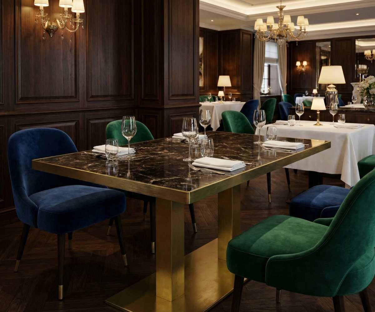 AURELIUS brushed gold double pedestal table base in a panelled restaurant