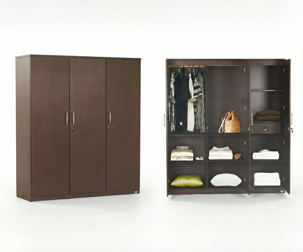 AURELIUS triple-door walnut wardrobe in a dark bedroom beside a monstera