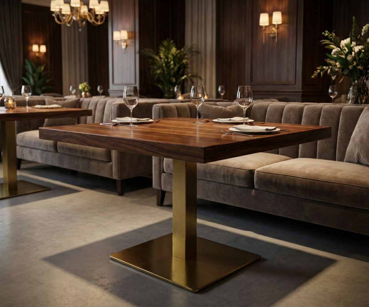 AURUM brushed gold square table base under a walnut table in a restaurant