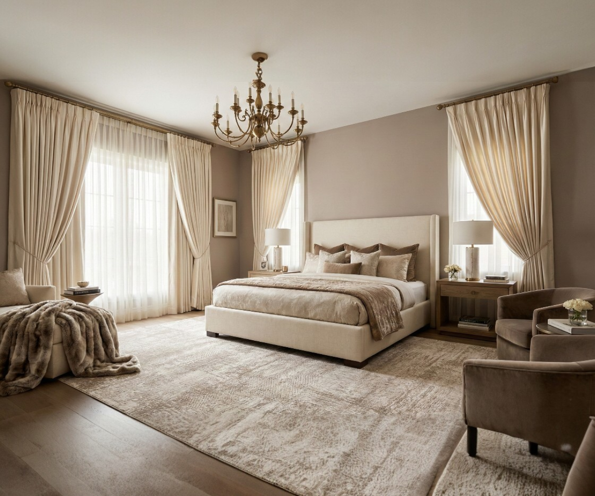 AVALON abstract beige area rug, 150x230 cm, in a bedroom with a chandelier