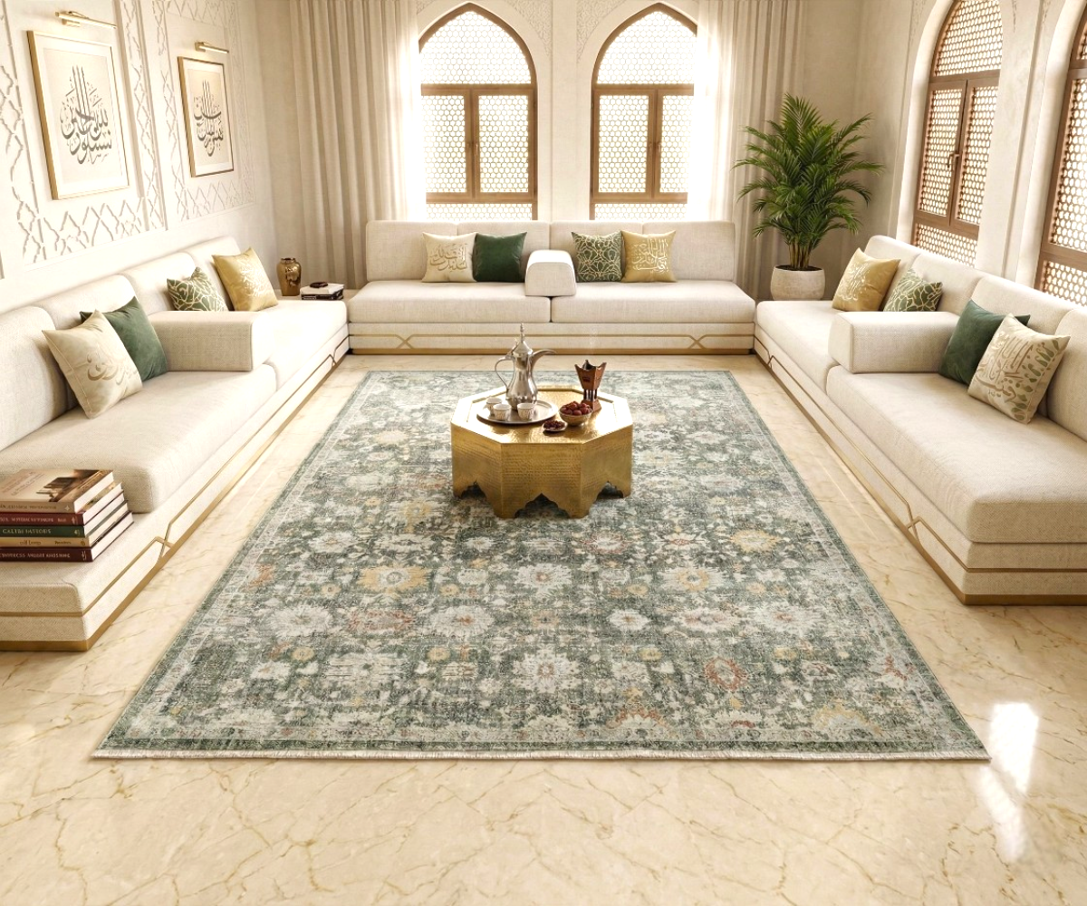 AVALON charcoal heritage rug, 250x350 cm, in an arched majlis with green cushions