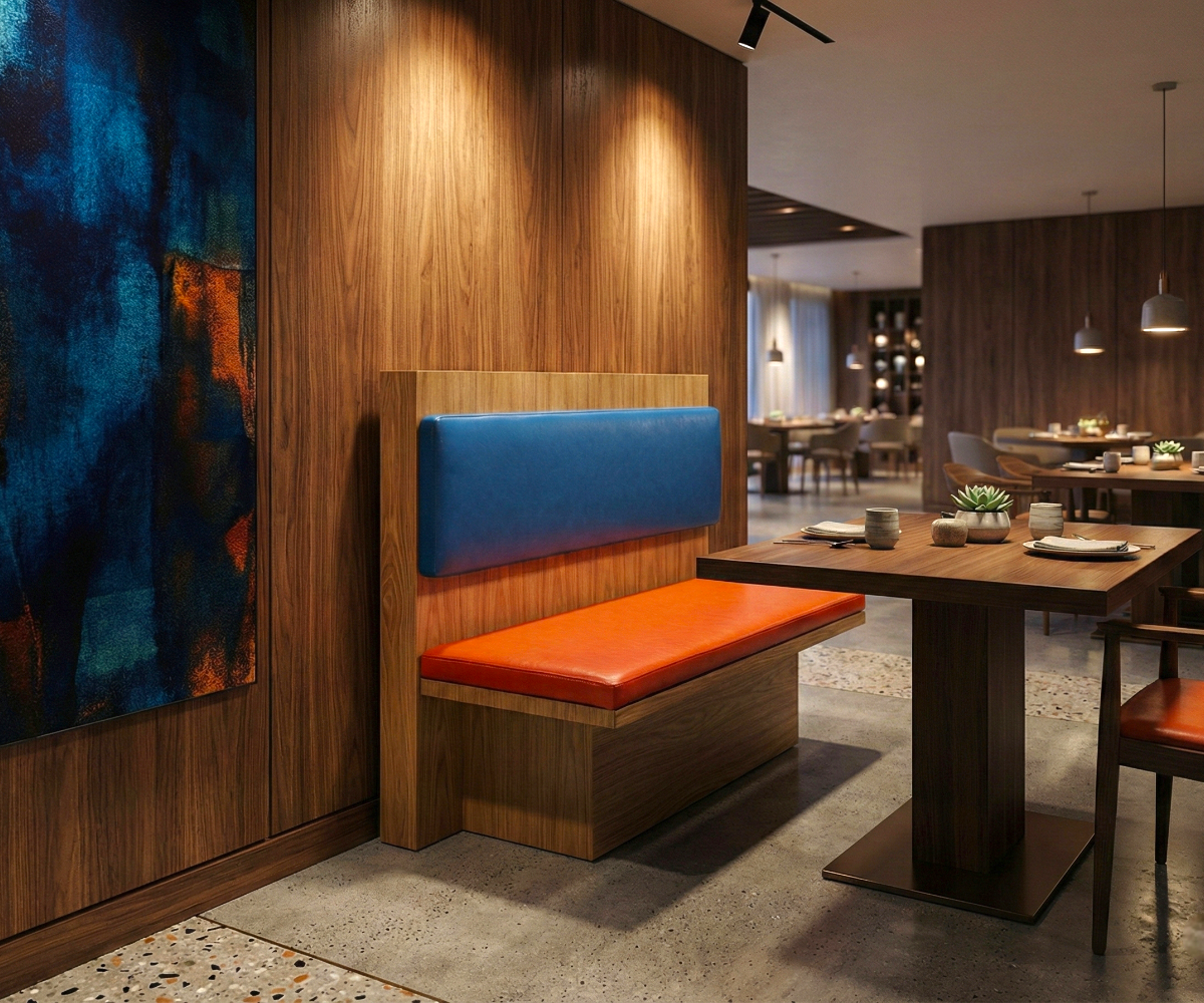 Azure coral booth bench in a wood-panelled restaurant beside abstract art