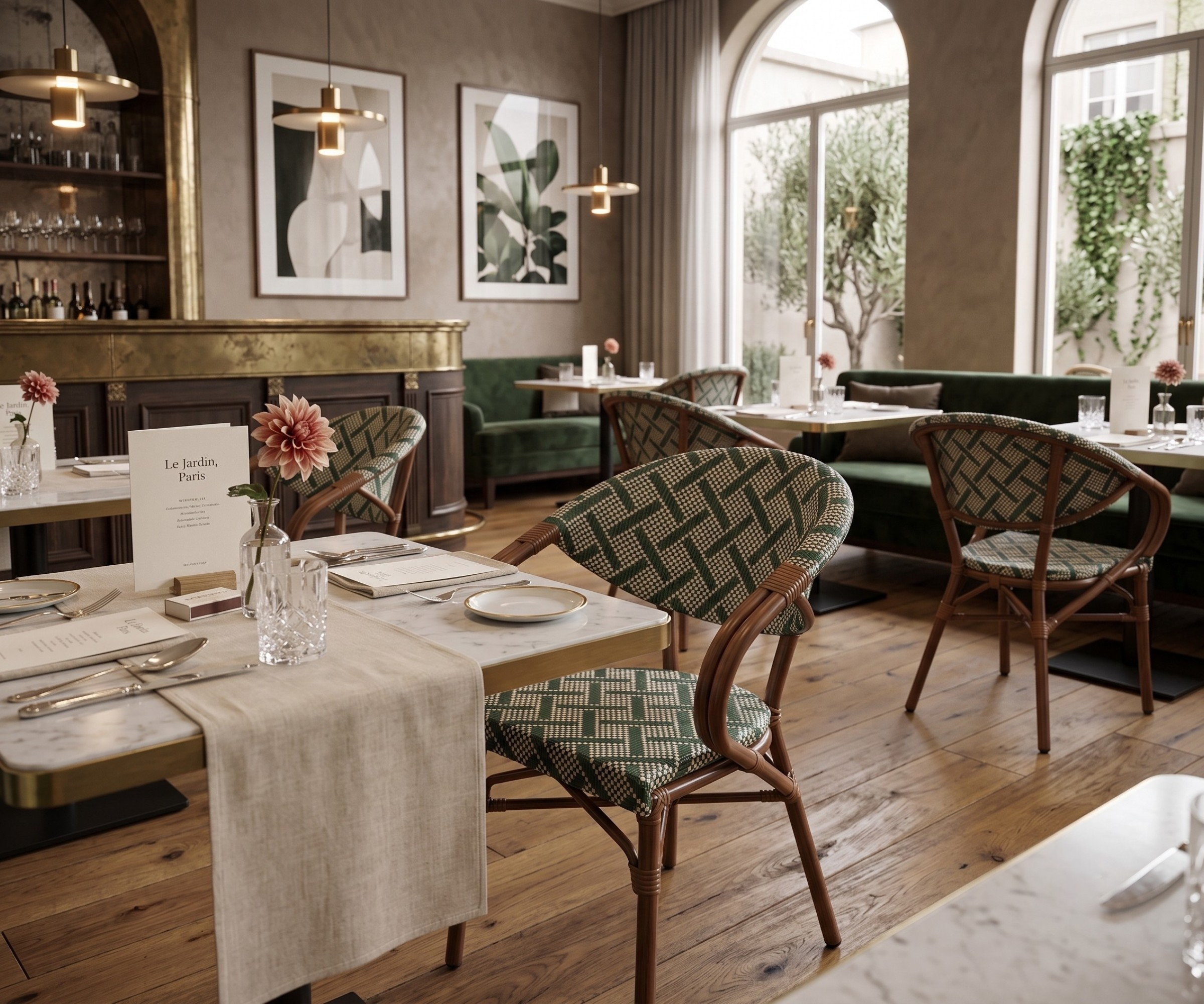 B183 garden chair, woven bistro chairs around a table in a restaurant