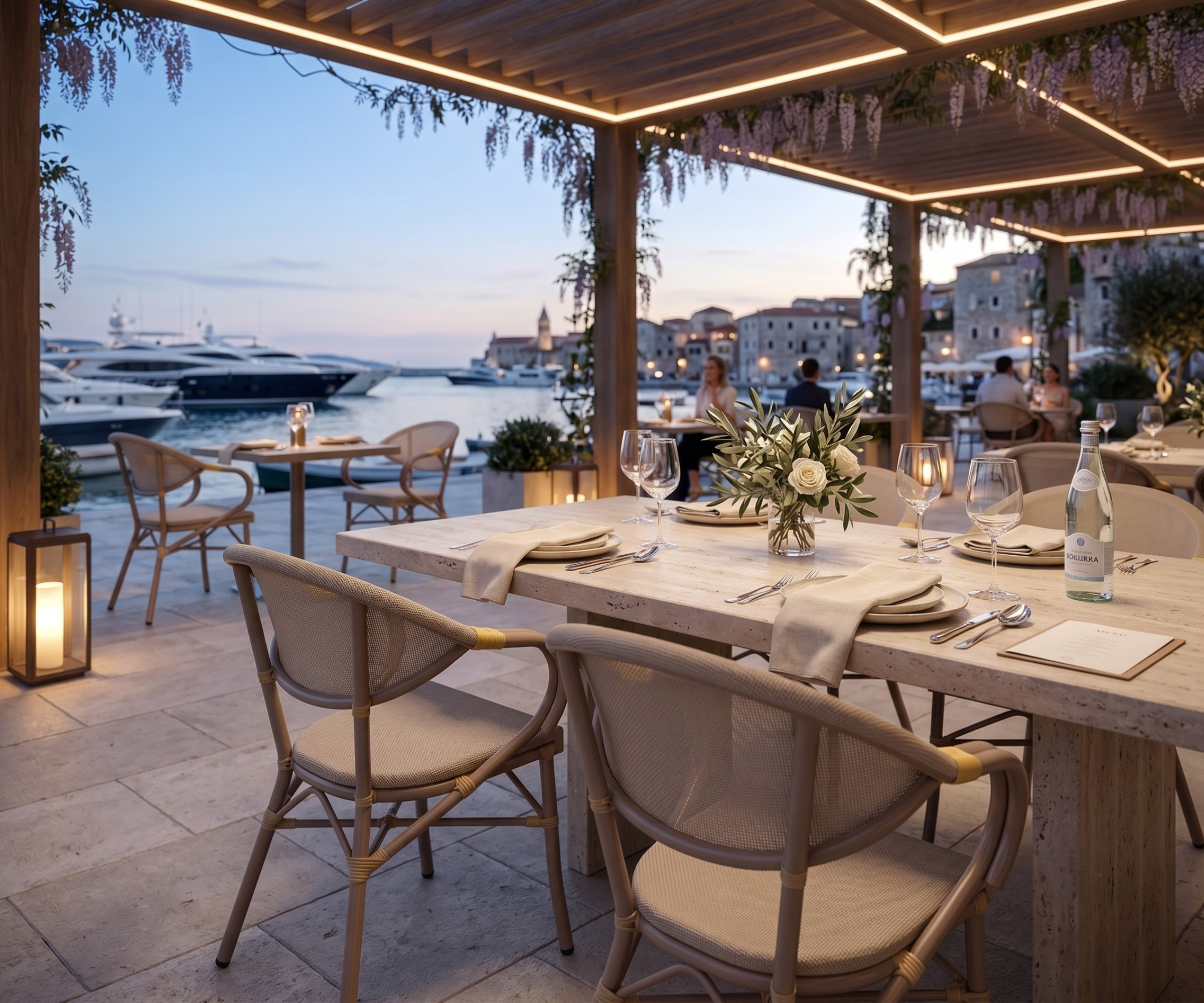 B231 garden chair, woven chairs at a marina-side dining table