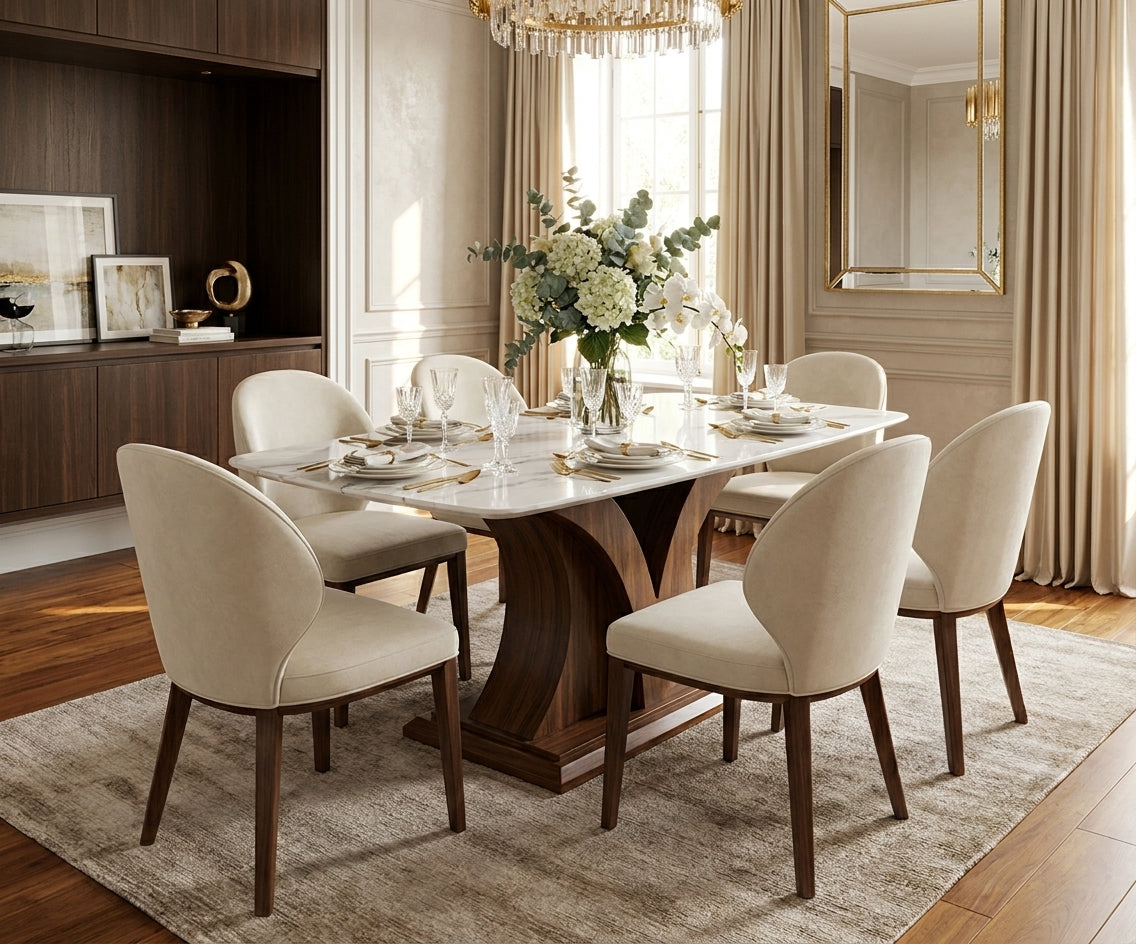 B613 dining table in an elegant dining room with six cream chairs