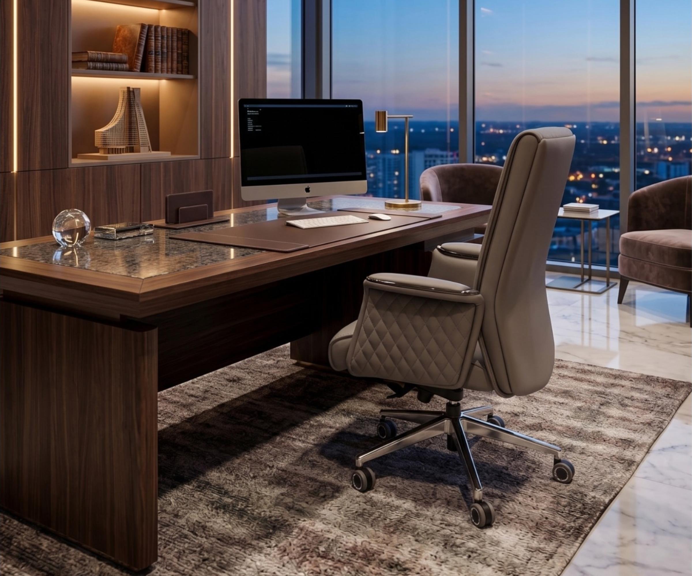 B859 grey lowback chair behind a walnut desk with a night city view