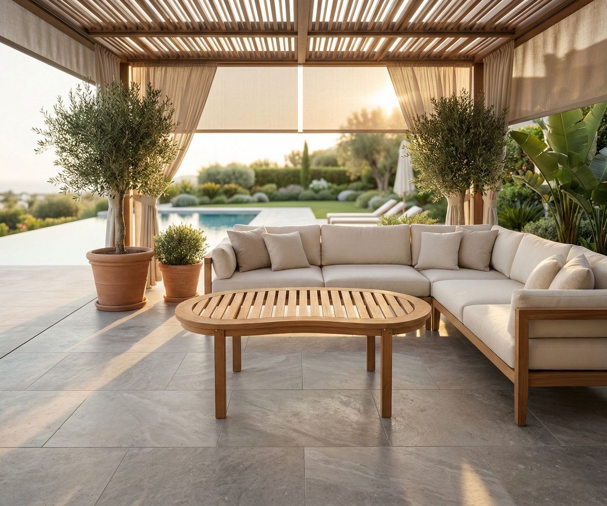 BANANA curved backless wooden bench, beside a poolside sofa under a pergola