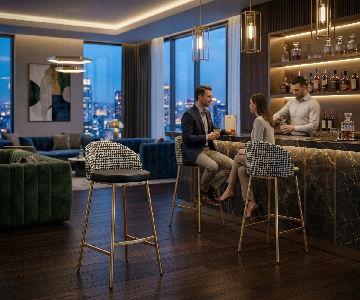BAR CHAIR H-002 at a marble bar in a city-view lounge, three stools in a row