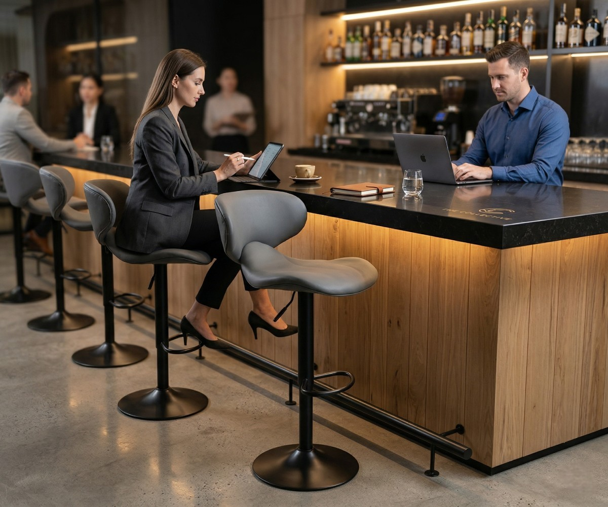 BAR CHAIR H-324-5 at a wooden bar counter in a busy cafe
