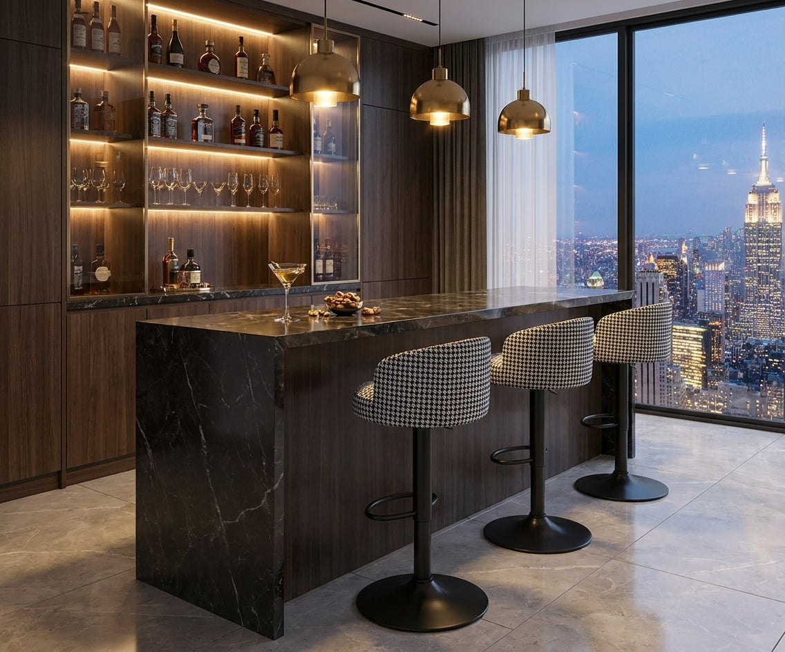 BAR CHAIR .H-9018 at a black marble bar with a city skyline behind