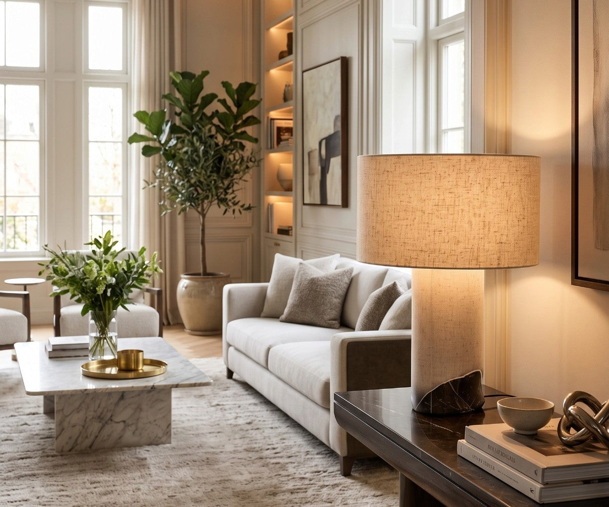 Beige drum shade table lamp styled in a luxurious, well-lit living room interior