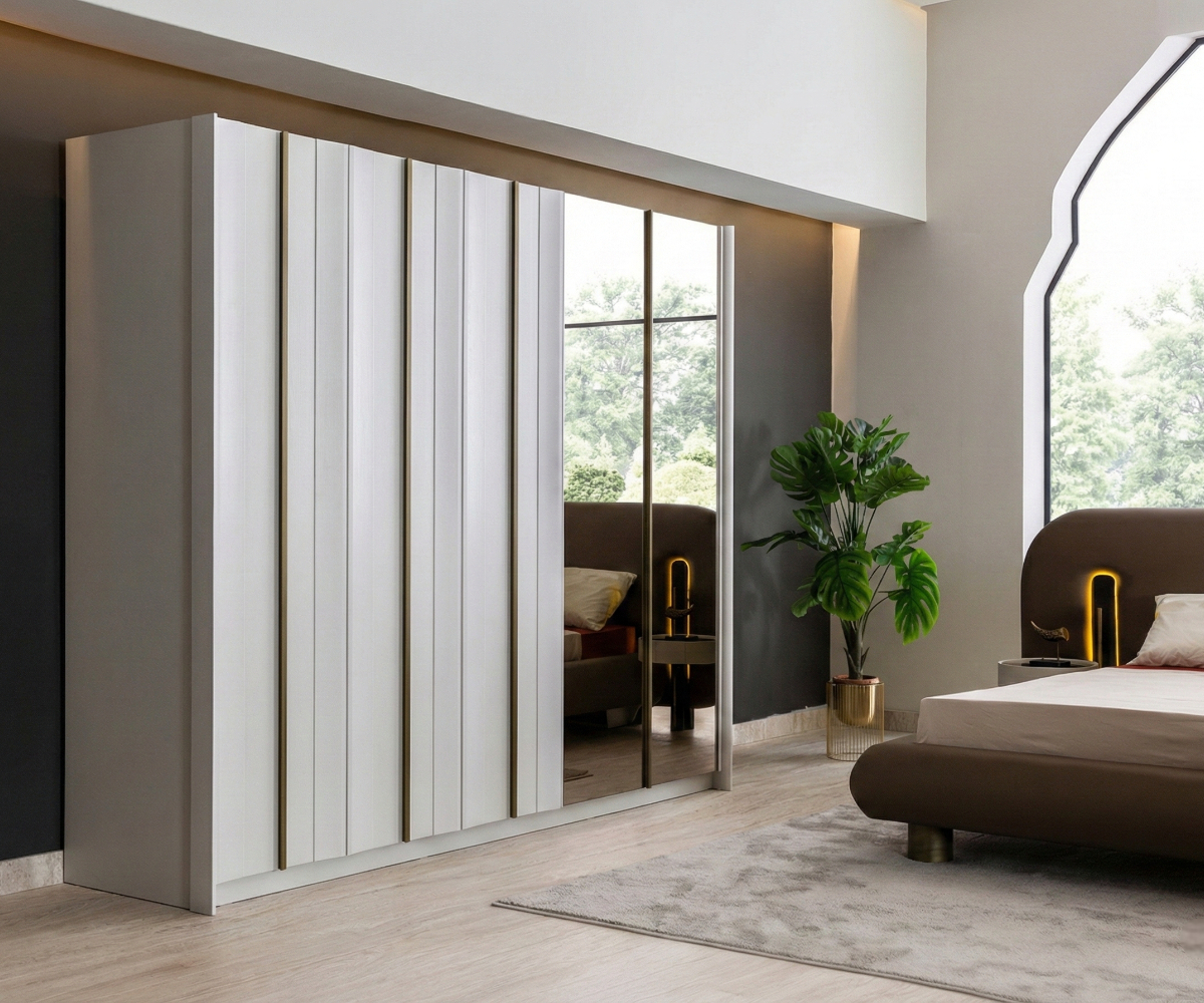 Bergama curved LED bedroom set staged in a bright room with an arched window