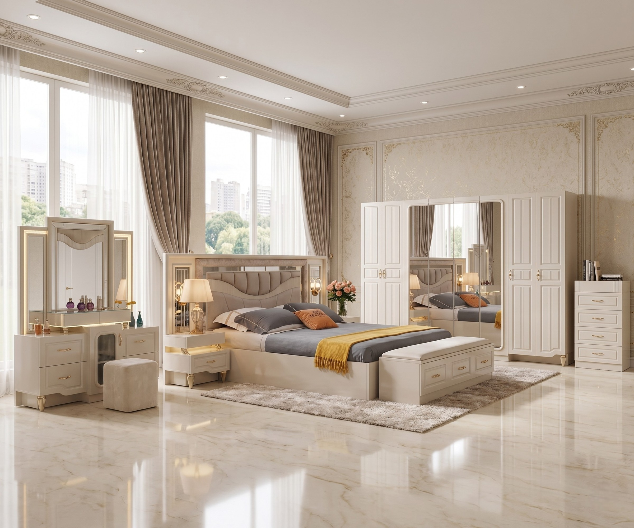 BF-Y05 contemporary white bedroom set staged in a marble-floored room