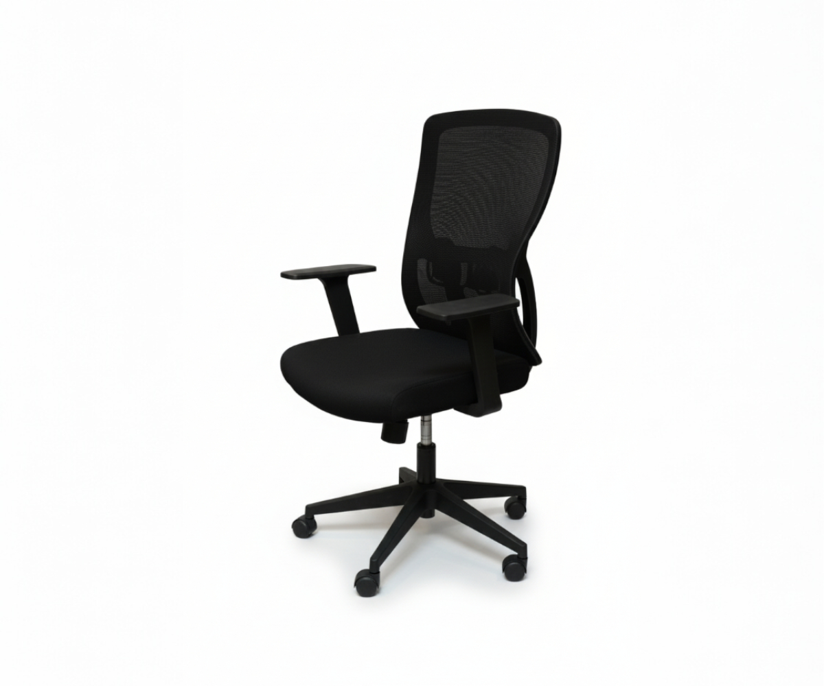 T941N1 black mesh ergonomic task chair at a walnut desk