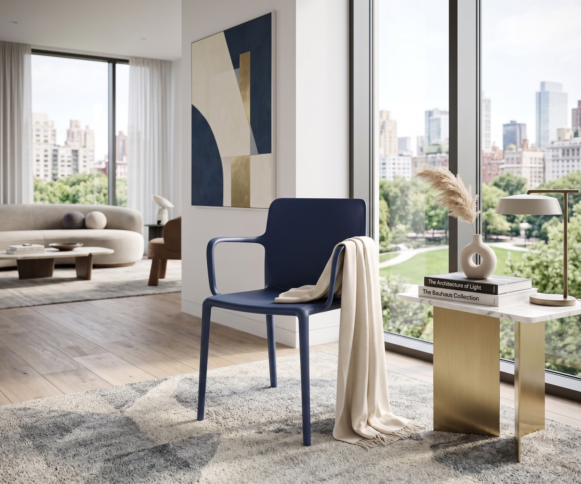 BLUE A651 plastic chair in a city-view living room beside a side table