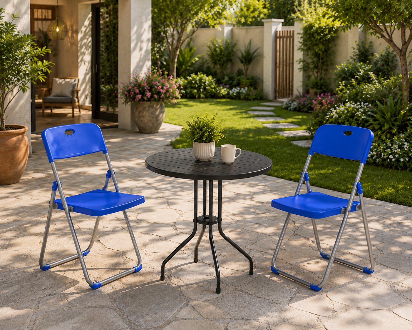 BLUE FANAR folding chair 3017, two blue folding chairs at a bistro table in a garden