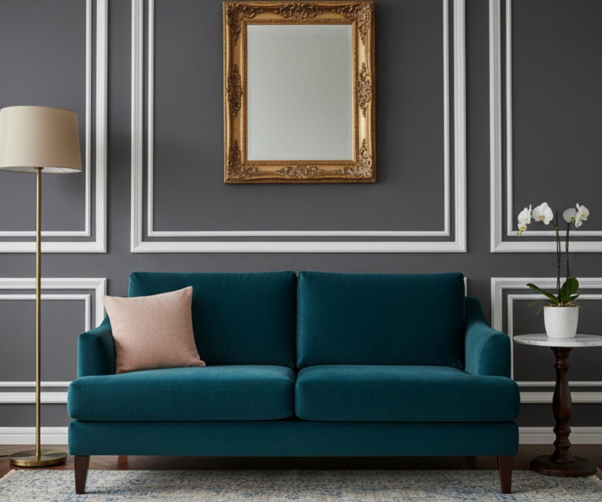 Blush bubble texture cushion cover on a teal sofa in a grey panelled room