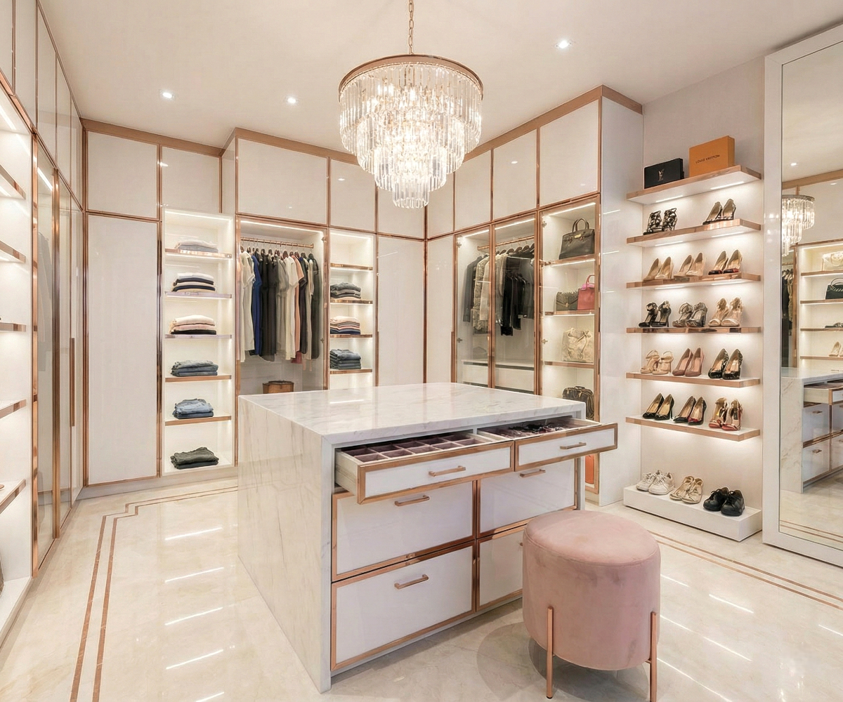 Boutique fashion store walk-in closet with lit shelving and a central island