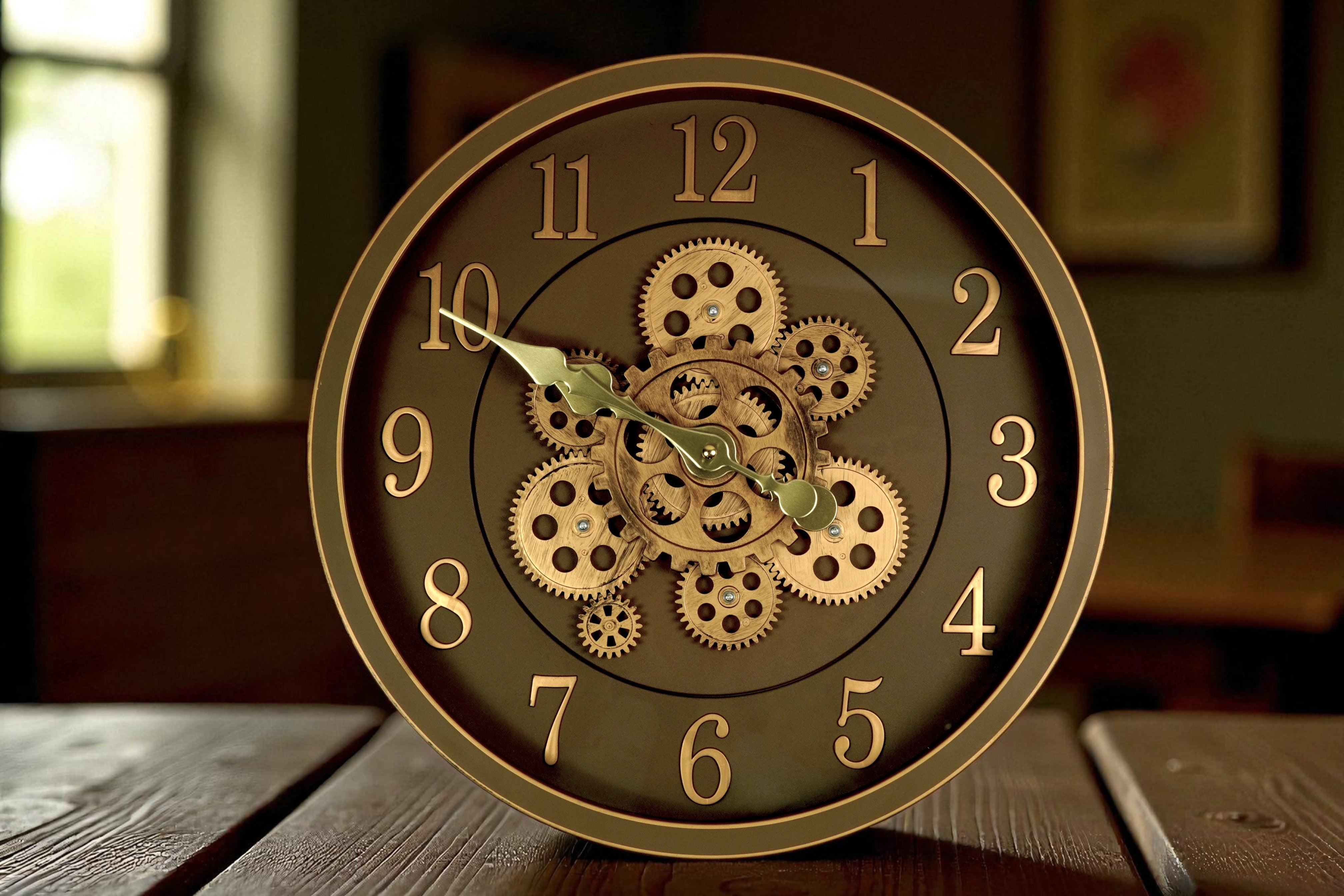 Bronze gear skeleton wall clock on a table in a warm-lit room