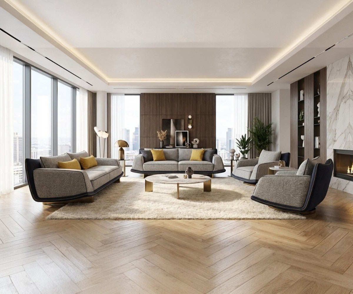 BROSS grey luxury sofa set in a bright city-view living room