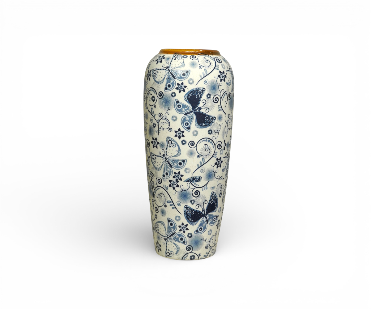 Butterfly pattern ceramic vase A1035, three vases styled on a walnut sideboard