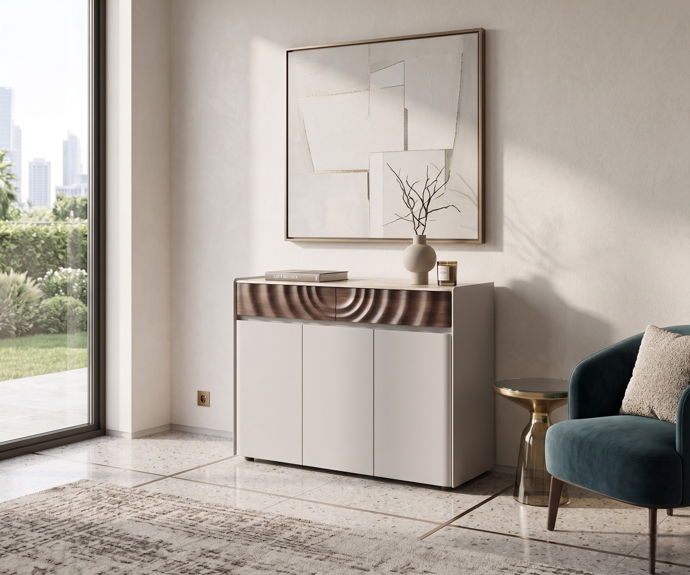 #C100 walnut white console beneath artwork in a bright room