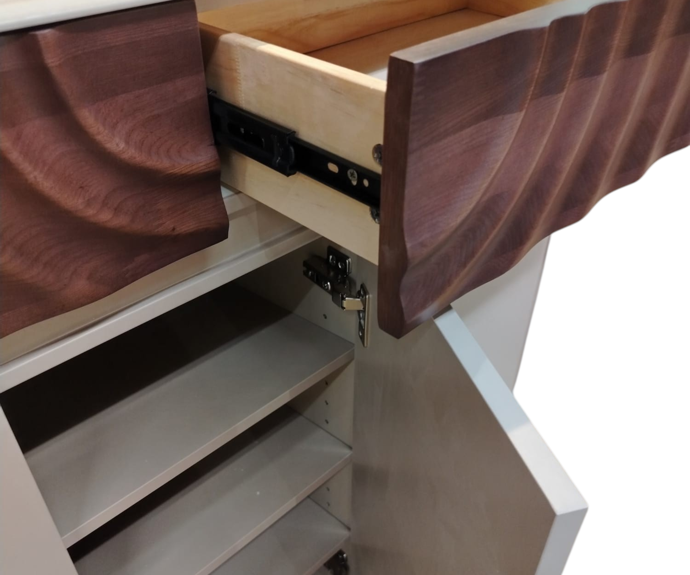 #C100 walnut white console beneath artwork in a bright room