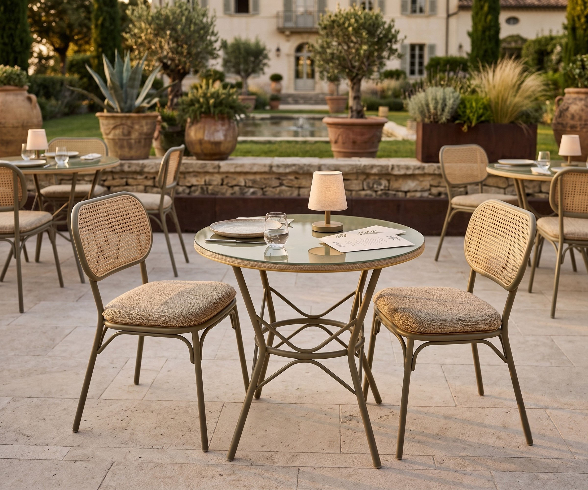 C108 garden table, round bistro table on a villa terrace with woven chairs