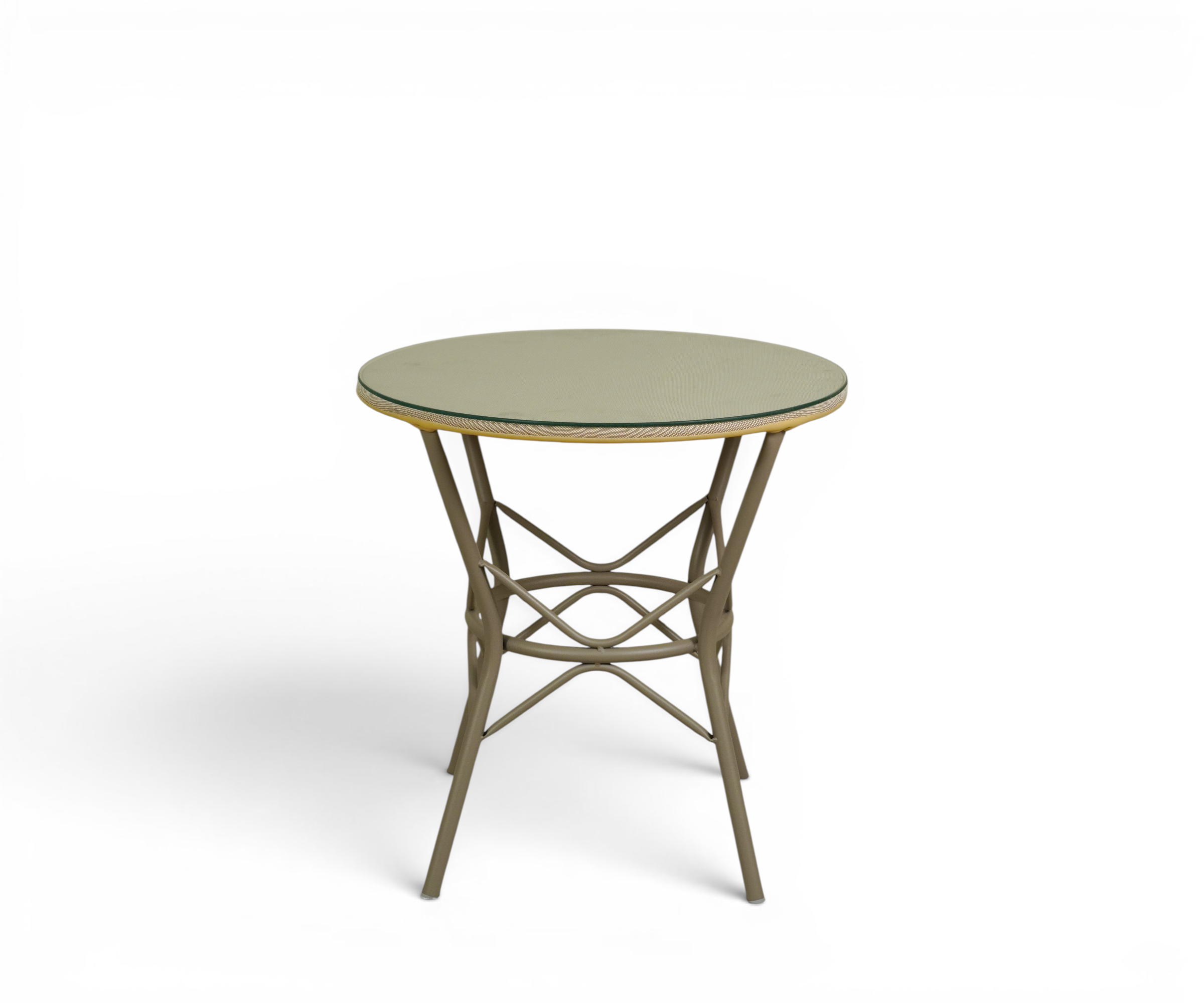 C108 garden table, round bistro table on a villa terrace with woven chairs