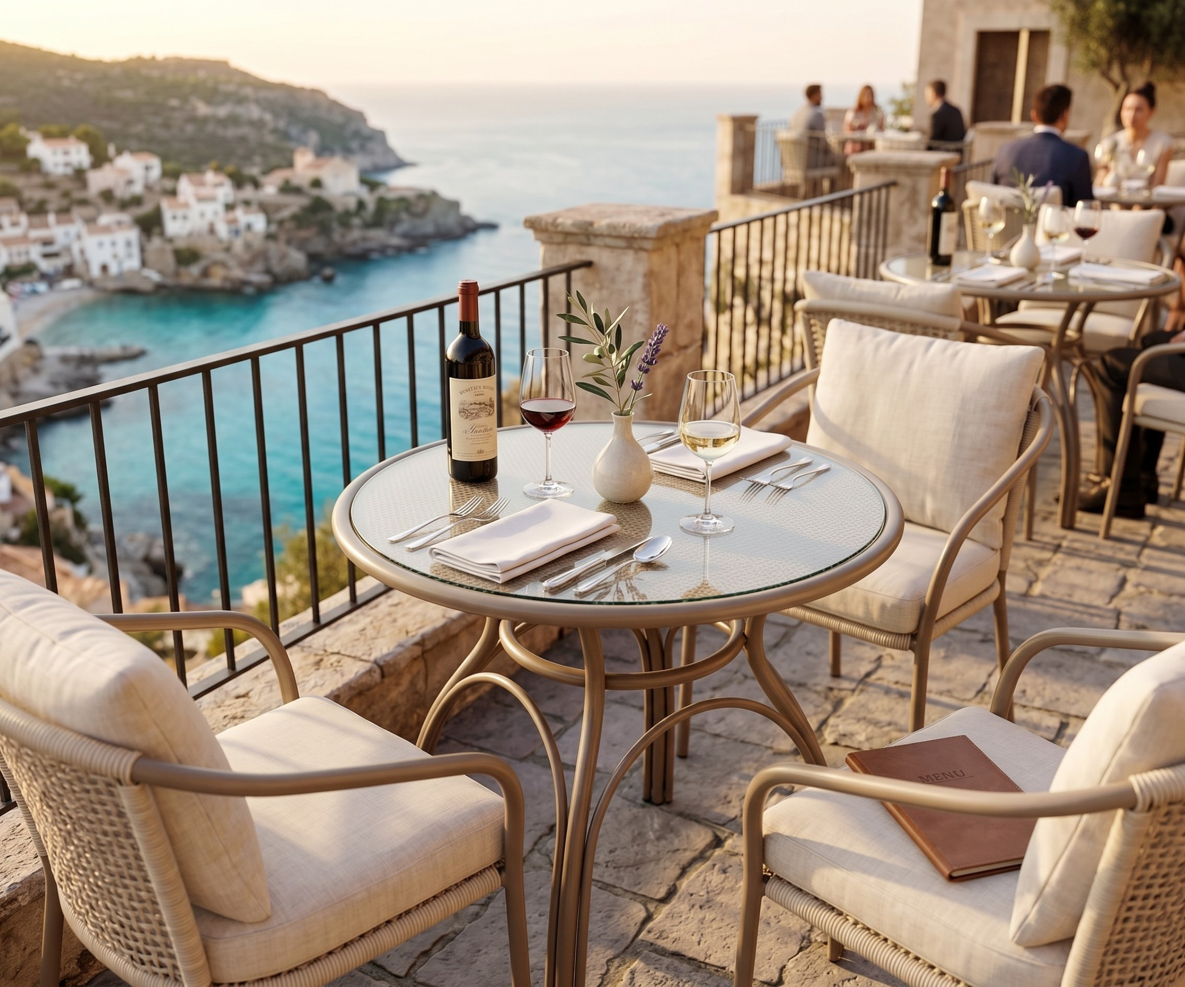 C109 garden table, round table set on a clifftop terrace overlooking the sea