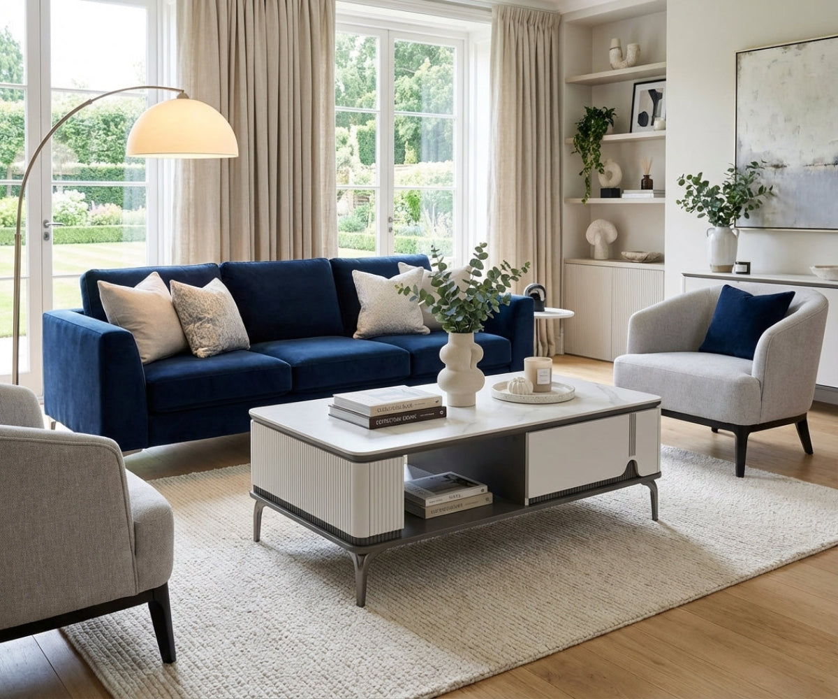 C15-120 marble compact table in a bright room with a navy sofa