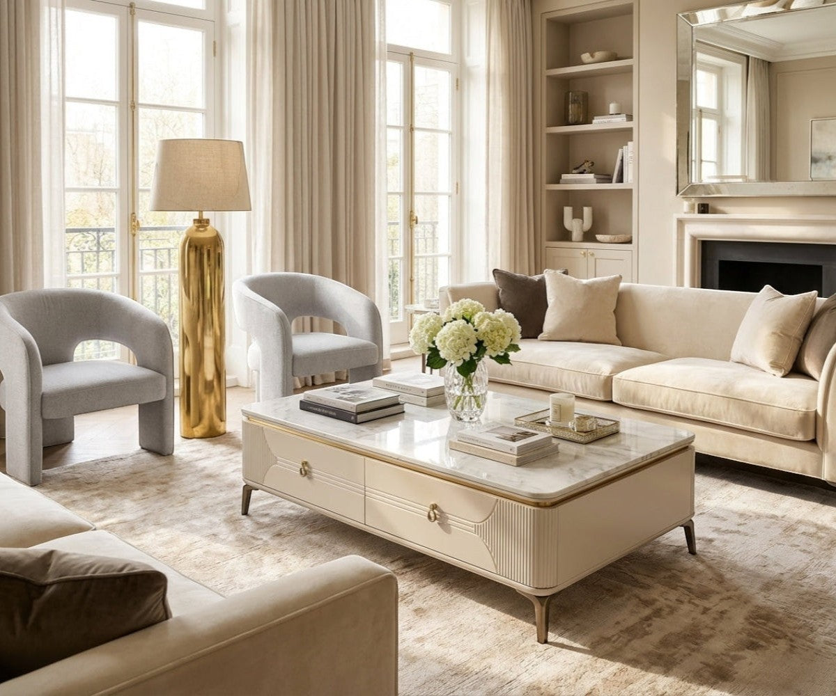 C15-130 marble drawer table in a bright room with a fireplace