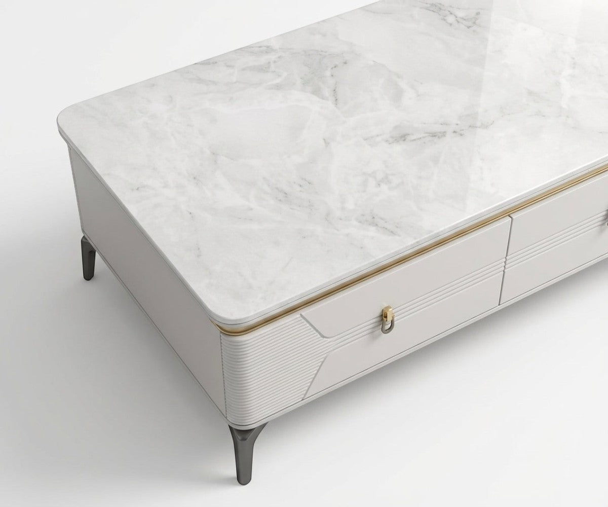 C15-130 marble drawer table in a bright room with a fireplace