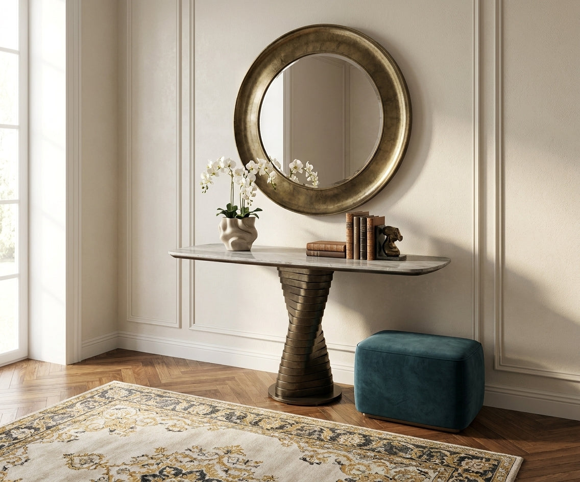 C678 dark pedestal console beneath a round gilt mirror in a panelled hallway