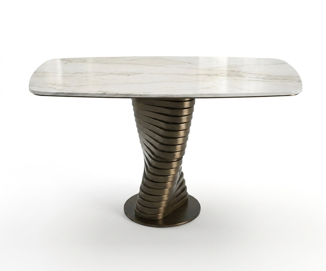 C678 dark pedestal console beneath a round gilt mirror in a panelled hallway